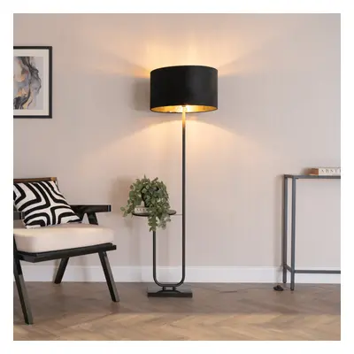 ValueLights Tavel Black Velvet & Gold Shade Black Floor Lamp with Table & Bulb