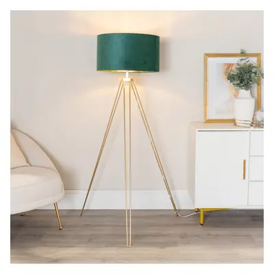 ValueLights Aero Green Velvet & Gold Hairpin Gold Floor Lamp & Bulb