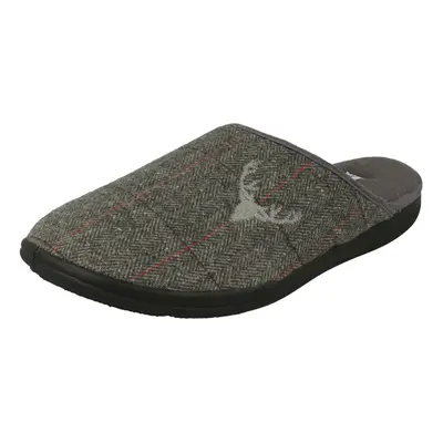 (Grey, UK 8) Mens Padders Stag Detailed Mule Slippers Stag