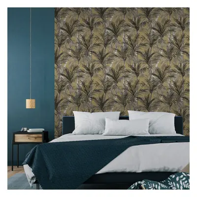 DUTCH WALLCOVERINGS Wallpaper Palm Trees Gold and Black Wall Covering Panel