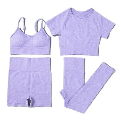 (Purple, S) Women Seamless Yoga Set Short Sleeve Crop Top High Waist Sport Leggings Suit Pack