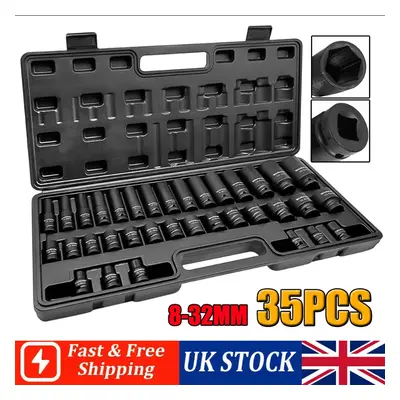 35pc Metric 1/2" Drive Deep Impact Socket Set Garage Workshop Tool