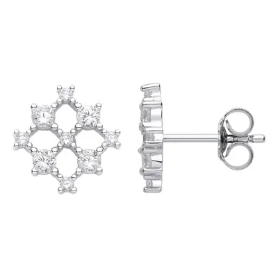 Jewelco London Ladies Rhodium Plated Sterling Silver CZ Square Snowflake Cluster Stud Earrings -