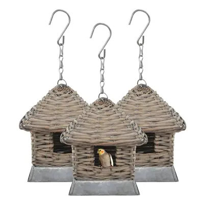 vidaXL 3x Bird Houses Wicker Real Rattan Garden Nesting Box Aviary Hut Shelter