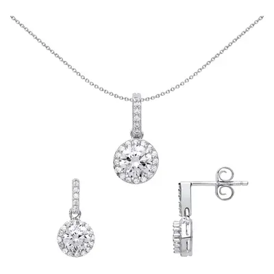 Jewelco London Ladies Sterling Silver Cubic Zirconia Halo Earrings Necklace Set - GSET608