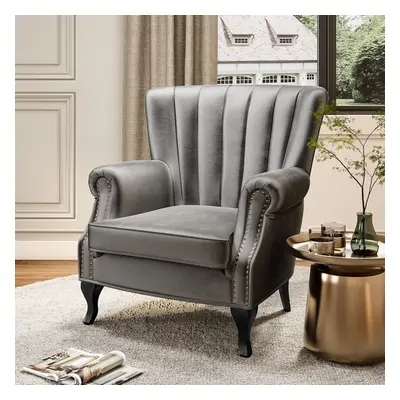 (Grey) Scalloped Vintage Velvet Armchair