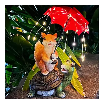 Garden Ornaments Outdoor, Solar Statue | Squirrel Siting on Turtle Holding an Umbrella with Stri