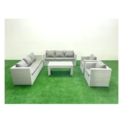 Fimous Outdoor Garden Furniture Rattan Sofa Set with Armchairs Oblong Coffee Table Light Grey Mi