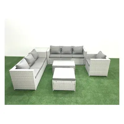 Fimous Wicker PE Rattan Sofa Garden Furniture Set with Armchair Oblong Coffee Table Big Footstoo