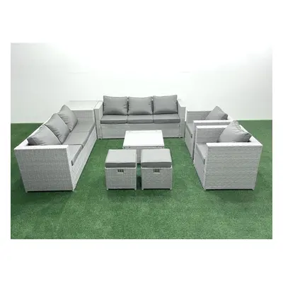 Fimous Outdoor Rattan Sofa Garden Furniture Set with Armchairs Square Coffee Table Small Footsto