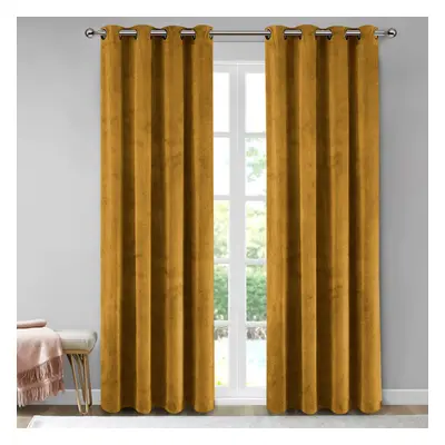 (Mustard, 66" x 90") Thermal Insulated Curtains Ringtop Eyelet Velvet Crushed Curtain Pair with 