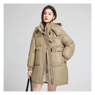 (khaki, S) Autumn And Winter Women&apos;s Thickened Hooded Coat Loose Mid-length Windproof Warm 