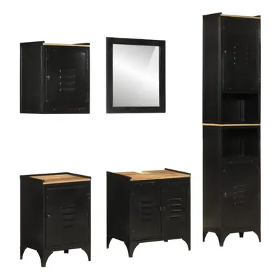 (black) vidaXL Bathroom Furniture Set Piece Sink Cabinet Iron and Solid Wood Mango