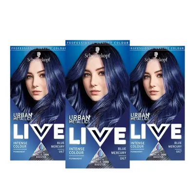 Live Intense Colour Hair Dye, Permanent Colour & Built-In Vibrancy Serum â 3x U67 Blue Mercury