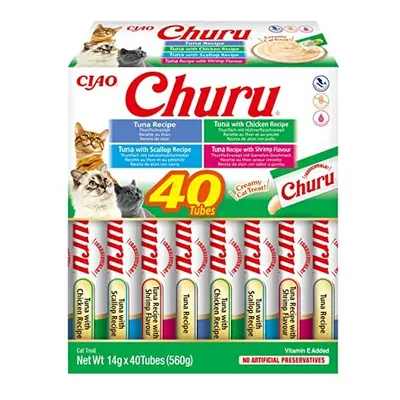 Churu by INABA Cat Treat - Tuna Seafood Variety Box - Pack (40 x 14g total) / Soft & Creamy Cat 