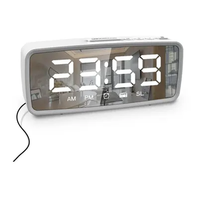 (White, Radio) USB-Rechargeable LED Mirror Digital Alarm Clock with Snooze Mode