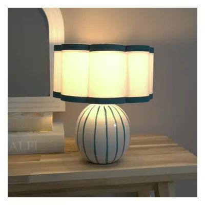 ValueLights Rohan Teal Trim Shade & Striped Ceramic Table Lamp & Bulb