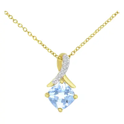 Jewelco London 9ct Yellow Gold Round 2pts Diamond Cushion 0.7ct Blue Topaz Kiss Crossover Pendan