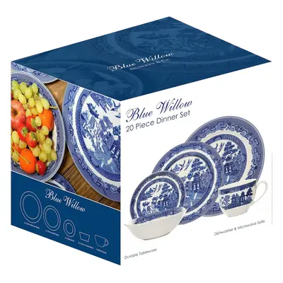 AuraHome Blue Willow 20-Piece Dinner Set, Porcelain, Blue & White