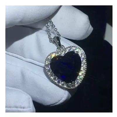 Really Sterling Silver Necklace Big 6ct Heart of the ocean Sapphire Wedding Pendant Necklace for