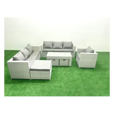 Fimous Wicker PE Rattan Sofa Garden Furniture Set with Oblong Coffee Table Armchair Footstools L