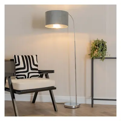 ValueLights Curva Chrome Floor Lamp with Grey Velvet & Chrome Shade