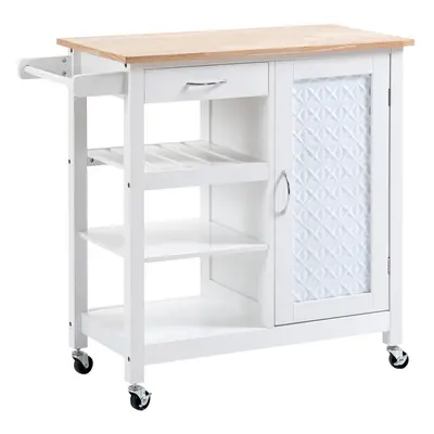 HOMCOM Kitchen Cart on Wheels Trolley with Embossed Door Panel, Drawer, White