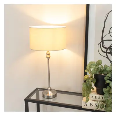 Maggie Chrome Candlestick Table Lamp with Natural Fabric Shade & Bulb