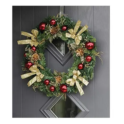 50cm Christmas Wreath With Red And Gold Ribbons Baubles Pinecones And Leaves