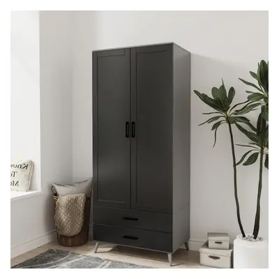 (Grey & Black) DEVON 180cm Modern Wardrobe Door Drawer Bedroom Storage with Hanging Rail