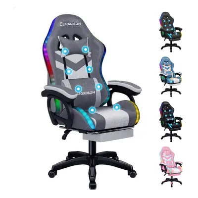 (Fabric Two-tone Grey) ELFORDSON Gaming Office Chair RGB LED Massage Footrest