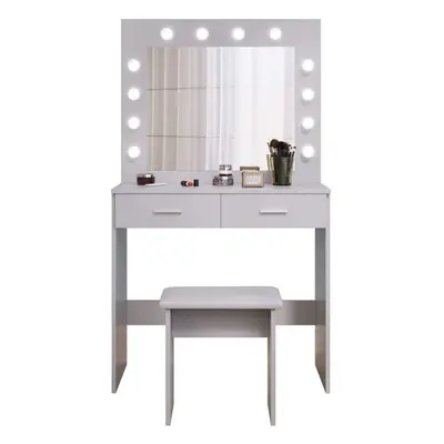 (Light Grey) Dressing Table Set with Hollywood LED Lights Mirror, Vanity Makeup Table Large Draw