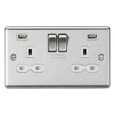 13A 2G switched socket with dual USB charger A + A (2.4A) - Brushed chrome with white insert