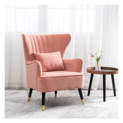 (Pink) Modern Velvet Accent Armchair Wing Backed Tub Chair with Lumbar Pillow