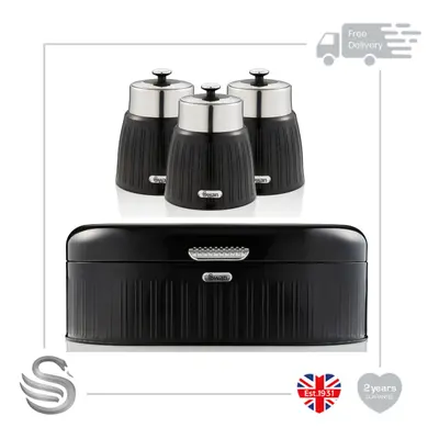 (Black) Swan Retro Bread Bin & Set of Canisters Stainless Steel Chrome Easy Wipe Clean