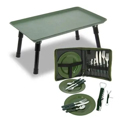 Carp Fishing Bivvy Table with Cutlery Plates Forks Spoon Set In Case