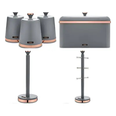 TOWER Kitchen Grey & Rose Gold Cavaletto Bread Bin Canisters Towel Pole Mug Tree