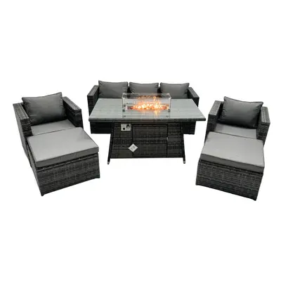 Fimous Rattan Garden Furniture Firepit Dining Set Seater Lounge Sofa Table Set with big Footstoo