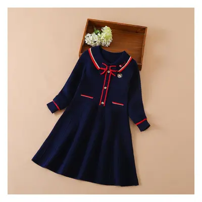 (dark blue, 160) Girls Knitted Dress New Winter College Style Long Sleeve Fashion Dress For Kid