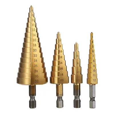 4Pcs 1/4 Inch Hex Shank HSS Titanium Coated Step Drill Bit Set 3-12/4-12/4-20/4-32mm