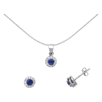 Jewelco London Ladies Sterling Silver Sapphire-Blue Cubic Zirconia Halo Earrings Necklace Set in