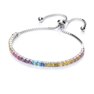 Jewelco London Unisex Sterling Silver Multi Colour Cubic Zirconia Rainbow Adjustable Box Chain T