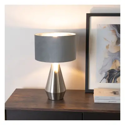 ValueLights Jax Grey Velvet & Chrome Shade Chrome Touch Table Lamp