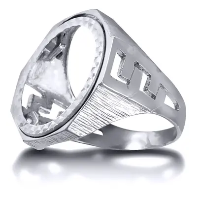 (U) Jewelco London Men's Solid Silver Curb Links Octagon Full Sovereign Mount Ring