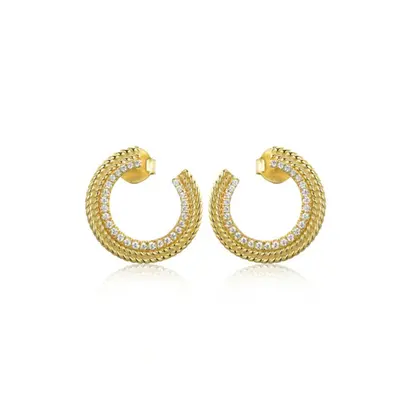 Jewelco London 14k Gold-plated Silver Round CZ Rope Edge Halo Unclosed Enso Circle Stud Earrings