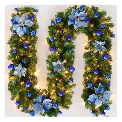 (Blue With LED) 9FT Christmas Garland LED Lights Up Xmas Wreath Fireplace Door Decor