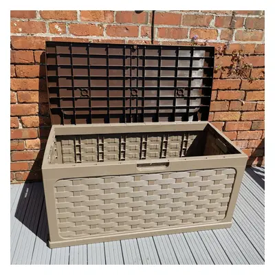 335 Litre Rattan Style Garden Cushion Storage Box with Sit on Lid in Dark Drown