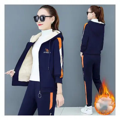 (sapphire blue, XL) Large Size Women&apos;s Autumn And Winter Piece Set Tracksuit Loose Hooded Z