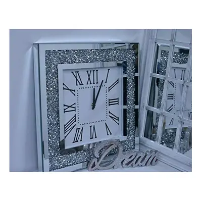 DEENZ Large Square Crushed Jewel Mirror Wall Clock Black Needles Roman Diamante 50Cm Black Hands