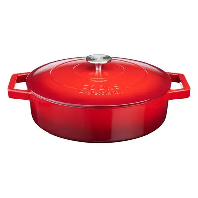 Cooks Professional Cast Iron Casserole Dish 28cm Oven Proof Enamelled Pan with Lid Red